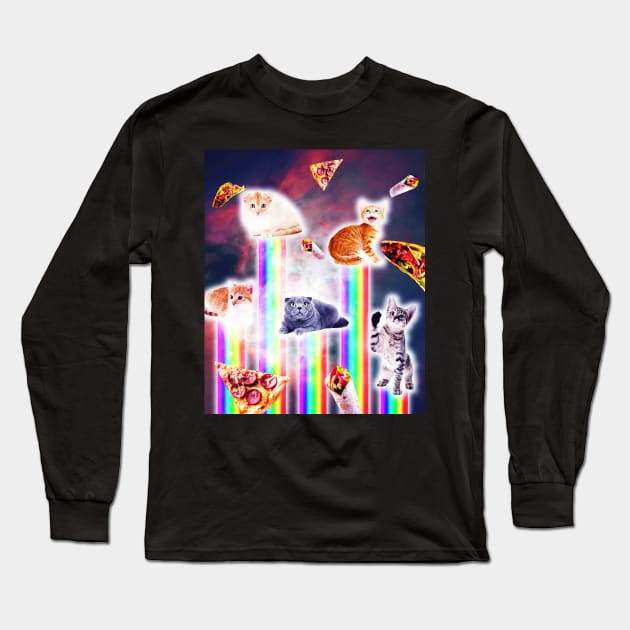 Outer Space Galaxy Cats With Rainbow Long Sleeve T-Shirt by Random Galaxy